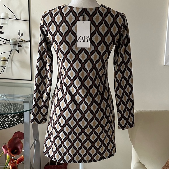 Zara Jacquard Knit Brown Geometric Retro Print Mini Shift Dress Size Small NWT - Picture 10 of 15